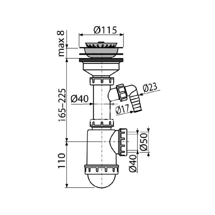 *Сифон для мойки Alcaplast A446P-DN50/40, стандартный, пластиковый, с нержавеющей peшeткой Ø115 и подводкой 