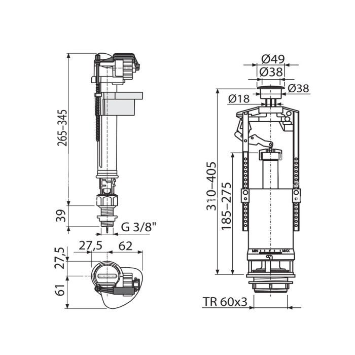 Выпускной комплект Alcaplast SA2000S 3/8" CHROM со стоп-кнопкой (A17-3/8" + A2000), для керамических бачков 
