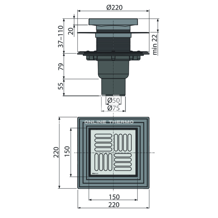 Сливной трап Alcaplast APV4444, 150×150/50/75 мм, прямой сток, решетка и фланец нержавеющая сталь, сухой и мокрый гидрозатвор, двухровневый воротник 
