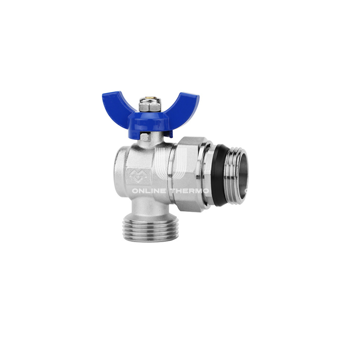 Комплект угловых шаровых кранов Varmega VM15955, 1"x1" НР-НР, с разъемным соединением, ручка-бабочка, для коллекторных групп 