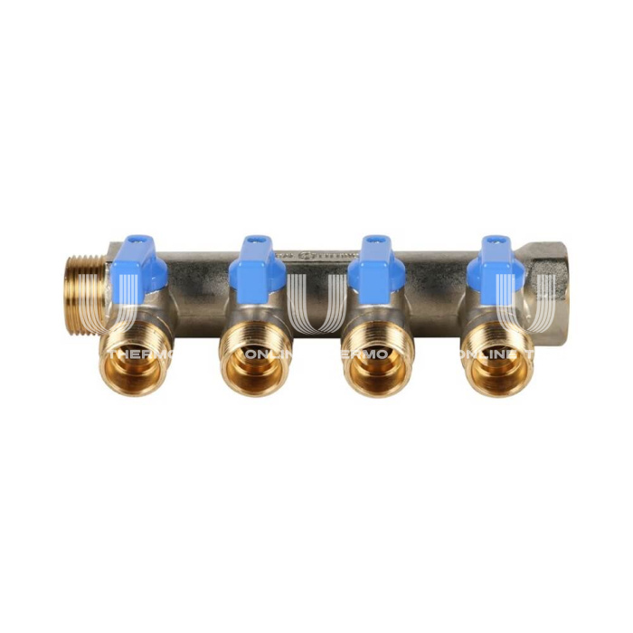 Коллектор Stout с шаровыми кранами 3/4", 4 отвода 1/2" (синие ручки) 