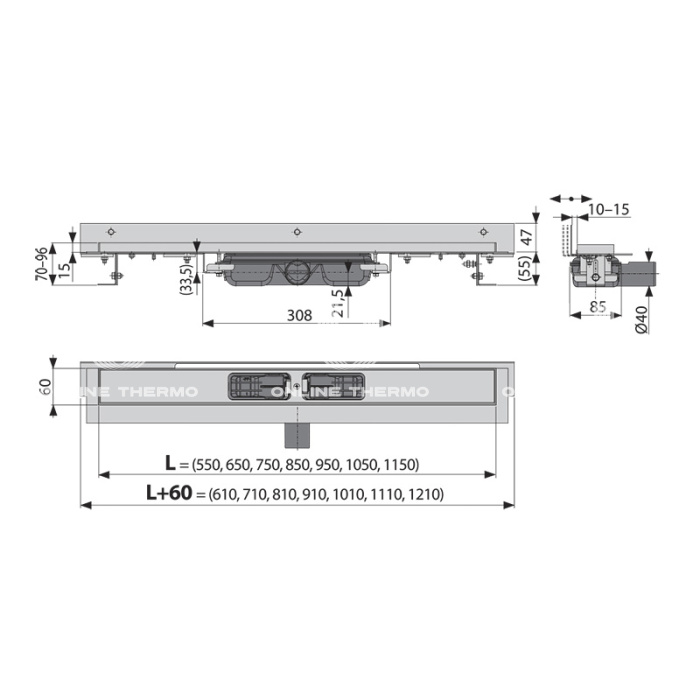 Душевой лоток (водоотводящий желоб) AlcaPlast APZ104-550 Flexible Low, регулируемый, к стене, горизонтальный сток - 550 мм 
