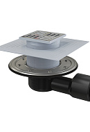 Сливной трап Alcaplast APV3344, 105×105/50/75 мм, боковой сток, решетка и фланец нержавеющая сталь, сухой и мокрый гидрозатвор, двухровневый воротник 