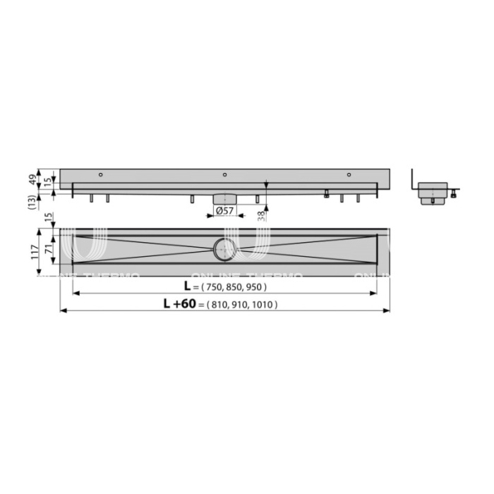 Душевой лоток (водоотводящий желоб) AlcaPlast APZ23-750 Modular Wall, вертикальный сток - 750 мм 