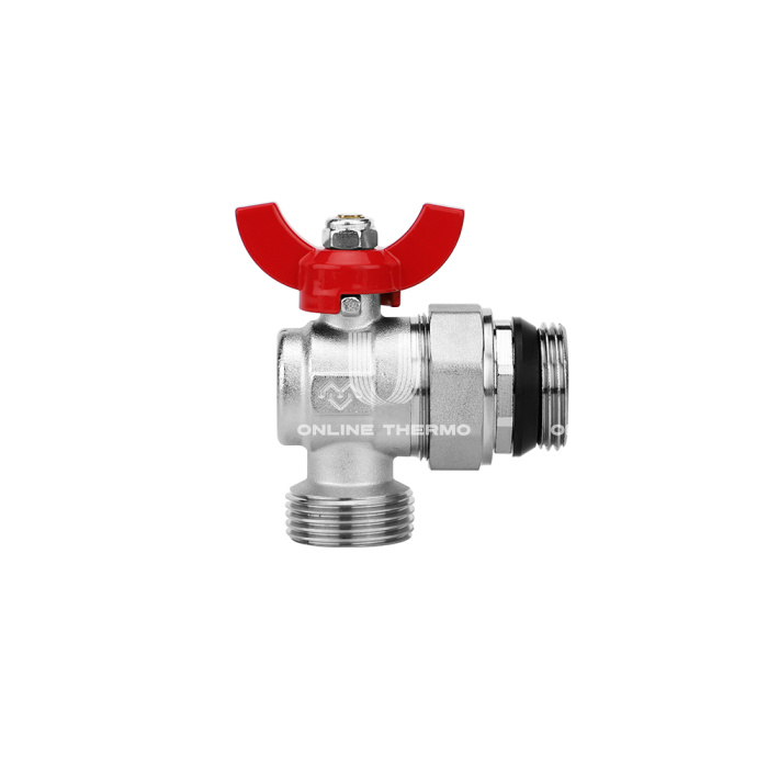 Комплект угловых шаровых кранов Varmega VM15955, 1"x1" НР-НР, с разъемным соединением, ручка-бабочка, для коллекторных групп 