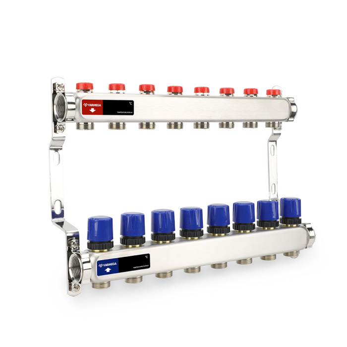 Распределительный коллектор (группа) для отопления Varmega VM15508 ВР 1", на 8 контуров 3/4" EK, нержавеющая сталь 