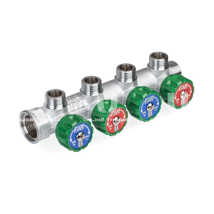 Регулирующий проходной коллектор FAR FK 3824 134, 1" ВР-НР, на 4 контура  3/4" НР, модульный, конусное соединение 