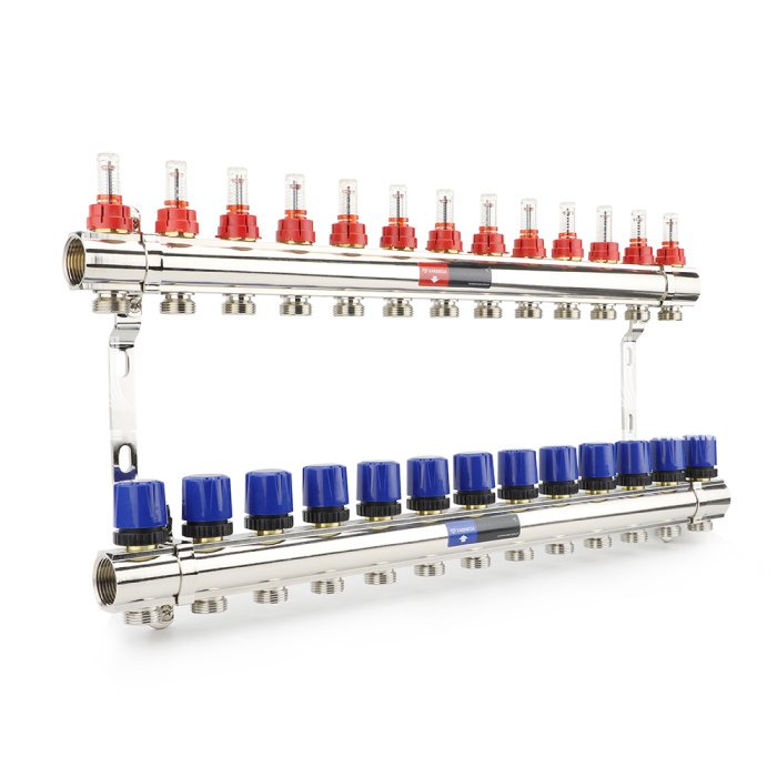 Коллекторная группа с расходомерами Varmega VM15413 ВР 1", на 13 контуров 3/4" EK, латунь 