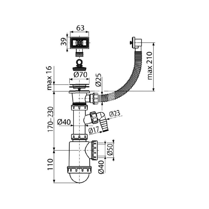 Сифон для мойки Alcaplast A444P-DN50/40, стандартный, пластиковый, с нержавеющей решеткой Ø70, гофропереливом и подводкой 