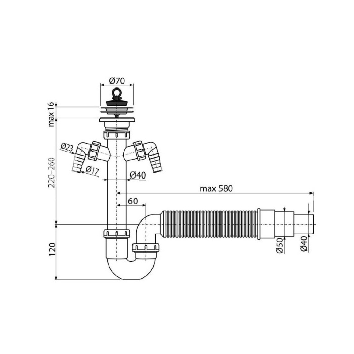 Сифон для мойки Alcaplast A840-DN50/40, L-образный, пластиковый, с нержавеющей peшeткой Ø70, двумя подводками и гофрой 