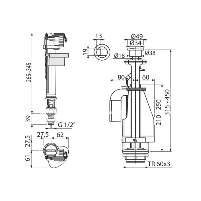Выпускной комплект Alcaplast SA08ASK 1/2" CHROM с двойной кнопкой Dual (A18-1/2" + A08A), для керамических бачков 
