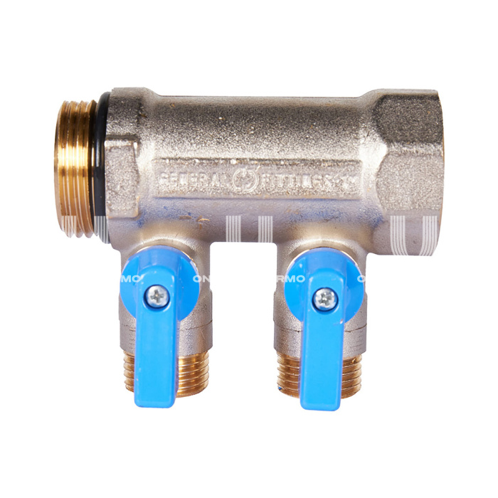 Коллектор Stout с шаровыми кранами SMB 6211 1", 2 отвода 1/2" (синие ручки) 