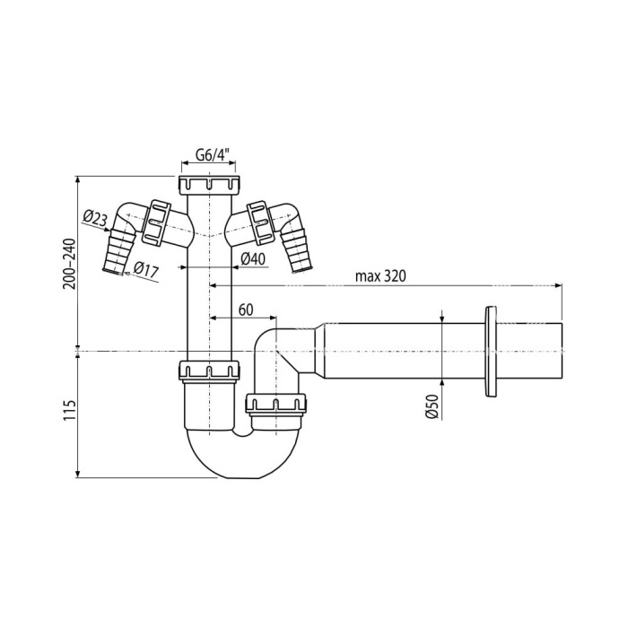 Сифон для мойки Alcaplast A82-DN50, L-образный, пластиковый, с накидной гайкой 6/4" и двумя подводками 