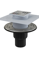 Сливной трап Alcaplast APV4344, 105×105/50/75 мм, прямой сток, решетка и фланец нержавеющая сталь, сухой и мокрый гидрозатвор, двухровневый воротник 