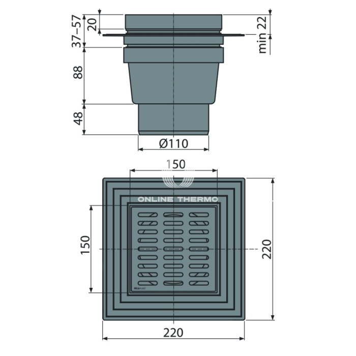 Сливной трап Alcaplast APV11, 150×150/110 мм, прямой сток, пластиковая решетка, мокрый гидрозатвор, воротник с двухровневой изоляцией 