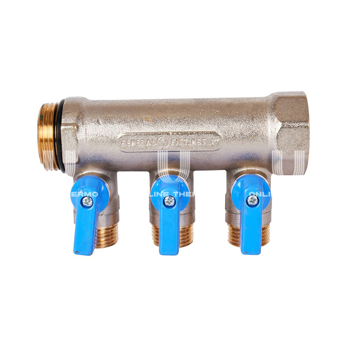Коллектор Stout с шаровыми кранами SMB 6211 1", 3 отвода 1/2" (синие ручки) 