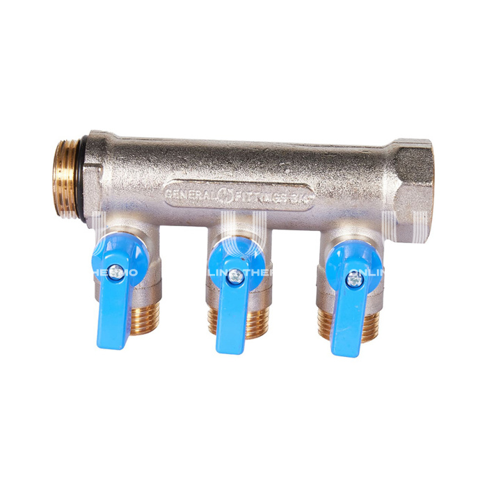 Коллектор Stout с шаровыми кранами SMB 6211 3/4", 3 отвода 1/2" (синие ручки) 