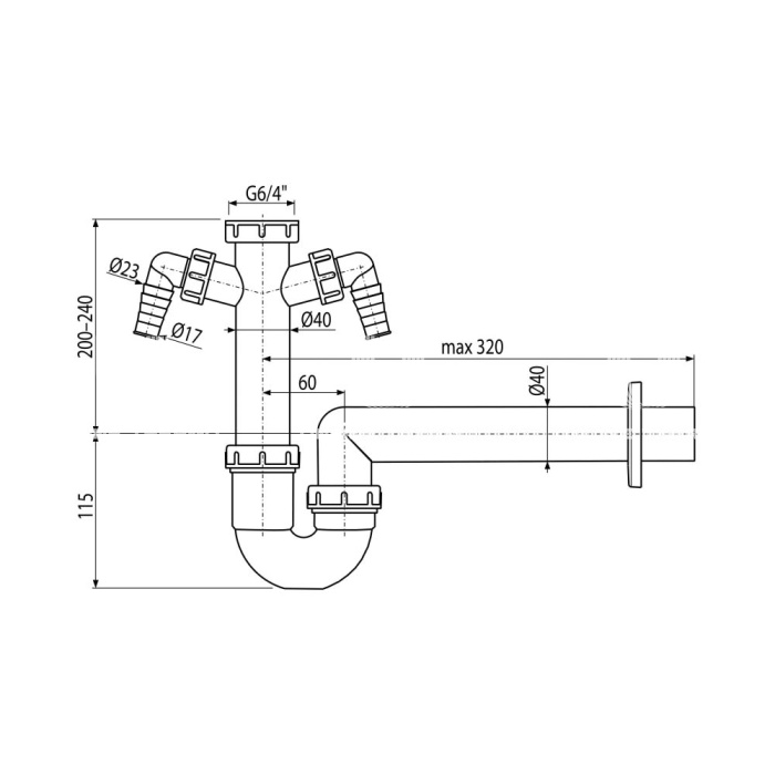 Сифон для мойки Alcaplast A82-DN40, L-образный, пластиковый, с накидной гайкой 6/4" и двумя подводками 