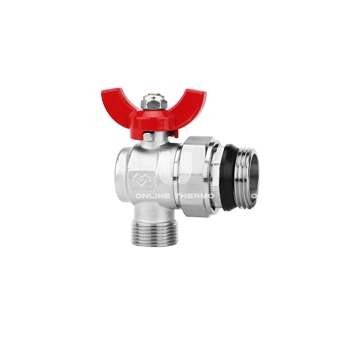 Комплект угловых шаровых кранов Varmega VM15956, 1"x3/4" НР-НР, с разъемным соединением, ручка-бабочка, для коллекторных групп 