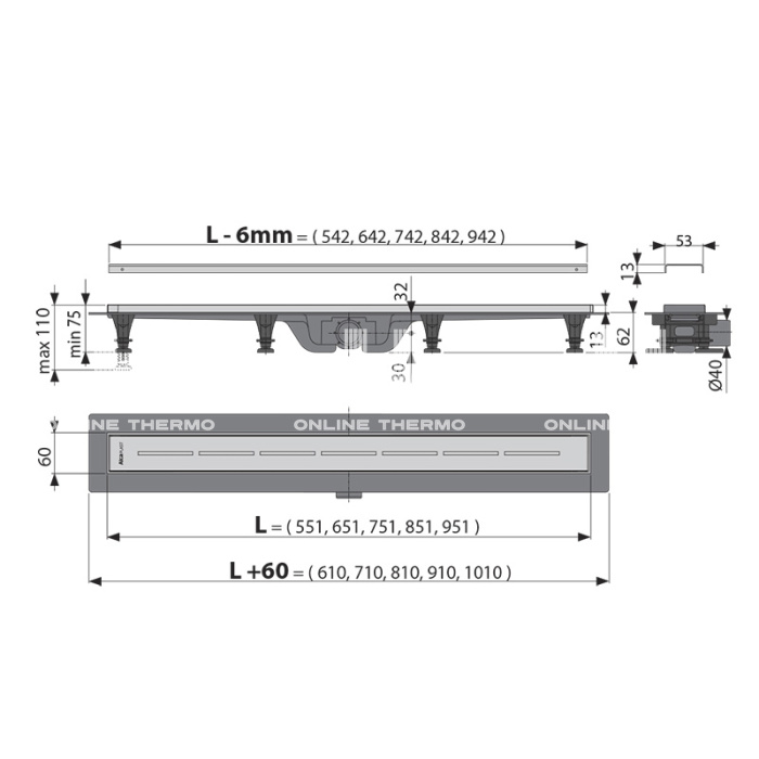 Душевой лоток (водоотводящий желоб) AlcaPlast APZ18-550 Simple, горизонтальный сток - 550 мм 