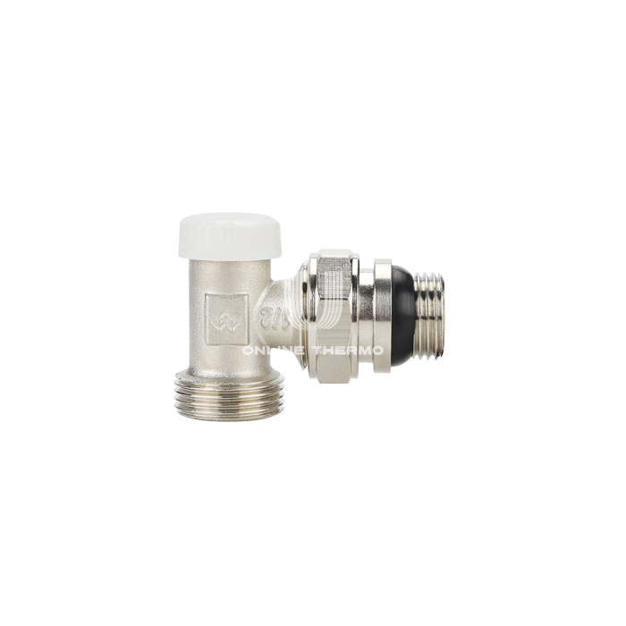 Запорный радиаторный клапан (вентиль) ручной регулировки Varmega VM10212, 1/2" x 3/4"EK НР, угловой, с самоуплотняющимся полусгоном 