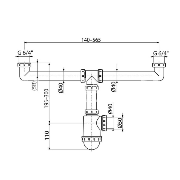 Сифон для сдвоенной мойки Alcaplast A448-DN50/40, сдвоенный, пластиковый, с накидными гайками 6/4" 