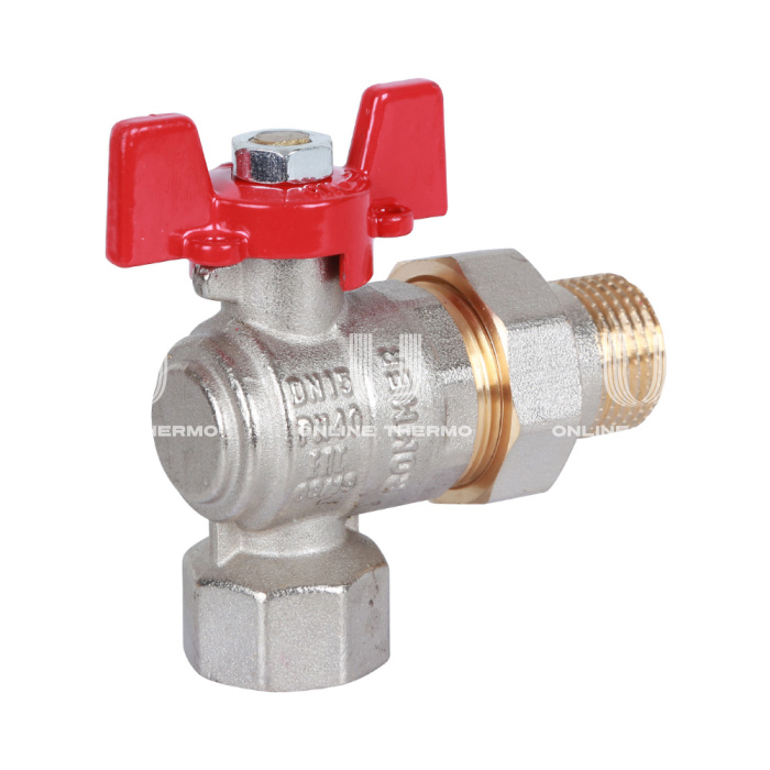 Кран шаровый угловой с разъемным соединением Rommer RBV-0006-0610215, 1/2" ВР-НР, стандартный, ручка-бабочка 