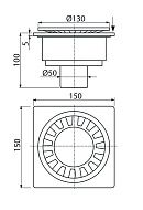 Сливной трап Alcaplast APV16, 150×150/50 мм, прямой сток, белая пластиковая решетка, мокрый гидрозатвор 