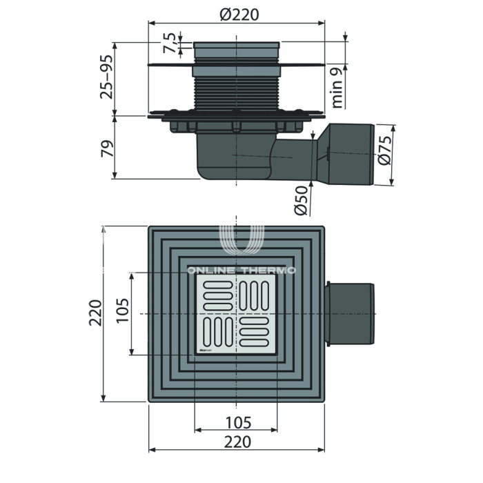 Сливной трап Alcaplast APV3344, 105×105/50/75 мм, боковой сток, решетка и фланец нержавеющая сталь, сухой и мокрый гидрозатвор, двухровневый воротник 