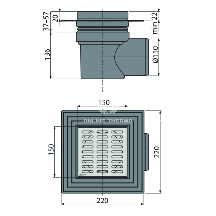 Сливной трап Alcaplast APV12, 150×150/110 мм, боковой сток, решетка нержавеющая сталь, мокрый гидрозатвор, воротник с двухровневой изоляцией 