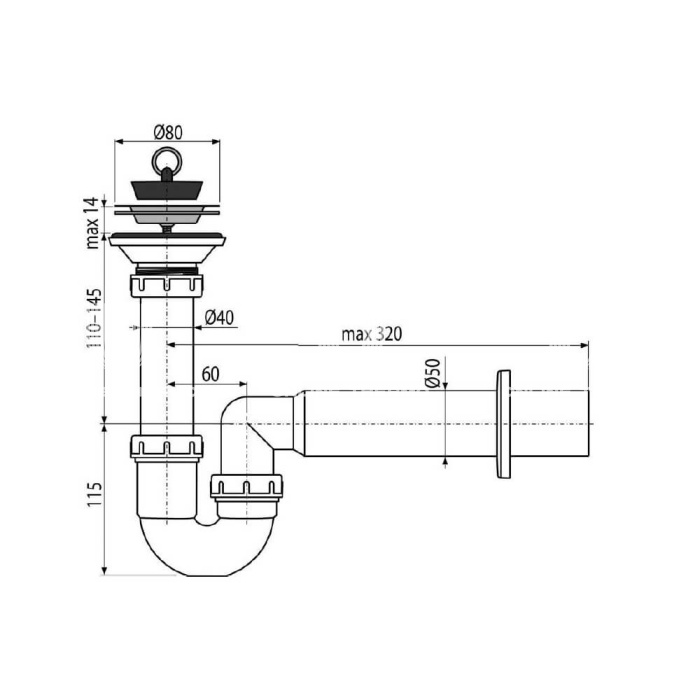 Cифон для мойки Alcaplast A464-DN50, L-образный, пластиковый, с гидрозатвором 