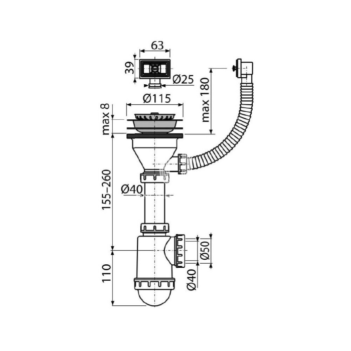 Сифон для мойки Alcaplast A447-DN50/40, стандартный, пластиковый, с нержавеющей peшeткой Ø115 и гофропереливом 