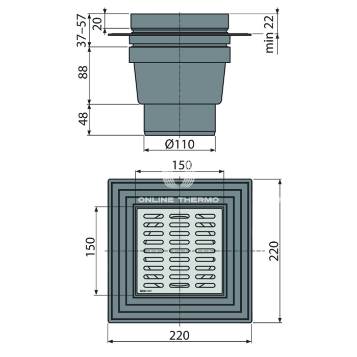 *Сливной трап Alcaplast APV13, 150×150/110 мм, прямой сток, решетка нержавеющая сталь, мокрый гидрозатвор, воротник с двухровневой изоляцией 