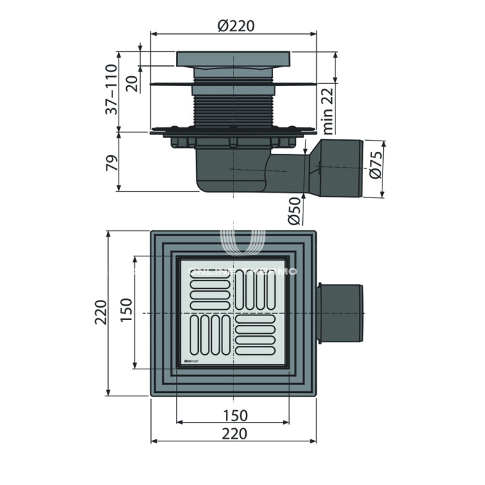 Сливной трап Alcaplast APV3444, 150×150/50/75 мм, боковой сток, решетка и фланец нержавеющая сталь, сухой и мокрый гидрозатвор, двухровневый воротник 