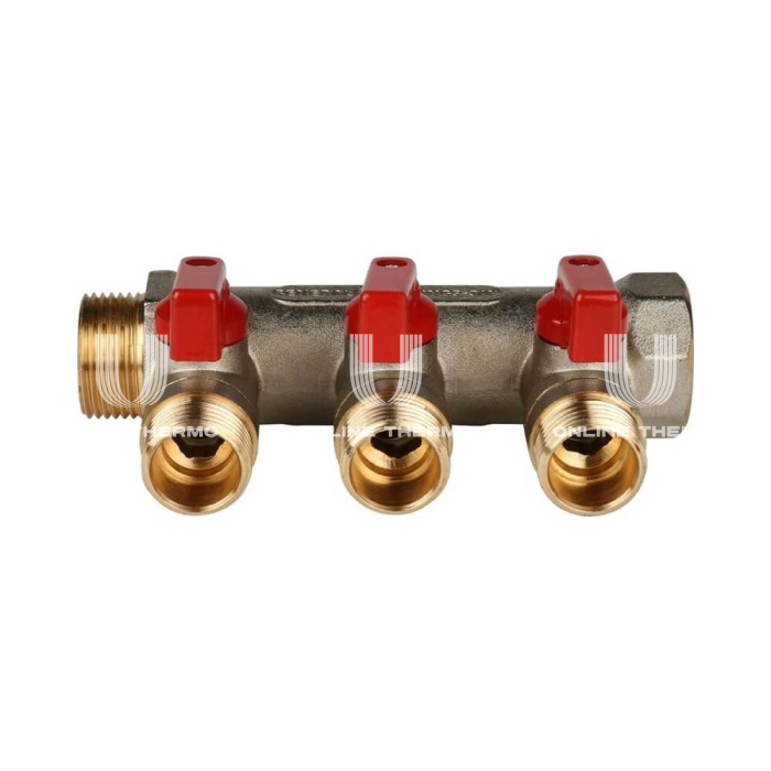 Коллектор Stout с шаровыми кранами 3/4", 3 отвода 1/2" (красные ручки) 