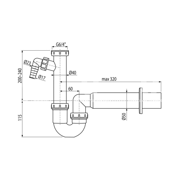 Сифон для мойки Alcaplast A81-DN50, L-образный, пластиковый, с накидной гайкой 6/4" и подводкой 