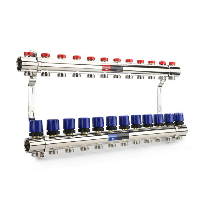 Коллекторная группа для отопления Varmega VM15812 ВР 1", на 12 контуров 3/4" EK, латунь 