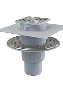 Сливной трап Alcaplast APV2324, 105×105/50/75 мм, прямой сток, решетка и фланец нержавеющая сталь, комбинированный гидрозатвор, двухровневый воротник 