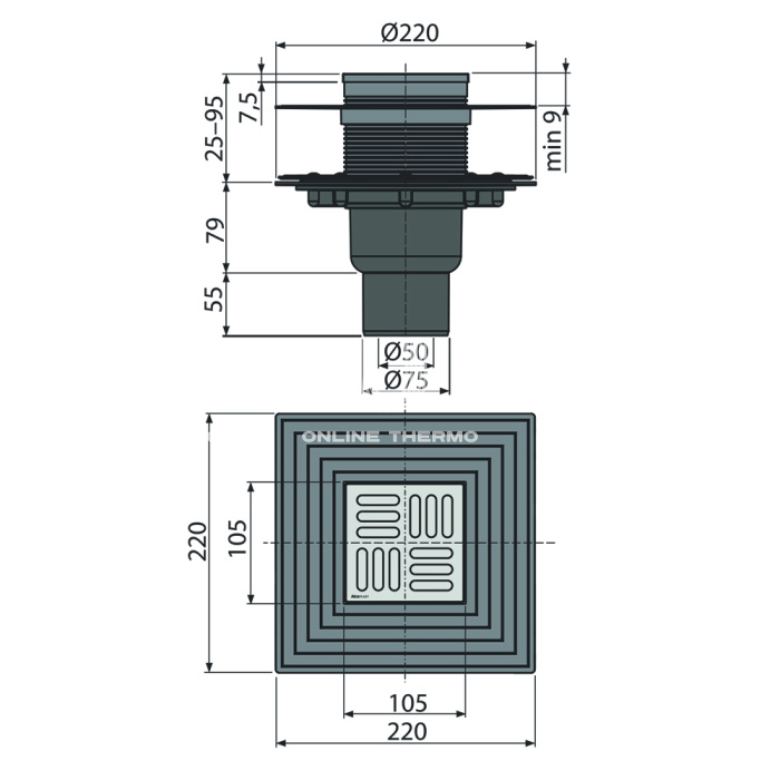 Сливной трап Alcaplast APV4344, 105×105/50/75 мм, прямой сток, решетка и фланец нержавеющая сталь, сухой и мокрый гидрозатвор, двухровневый воротник 