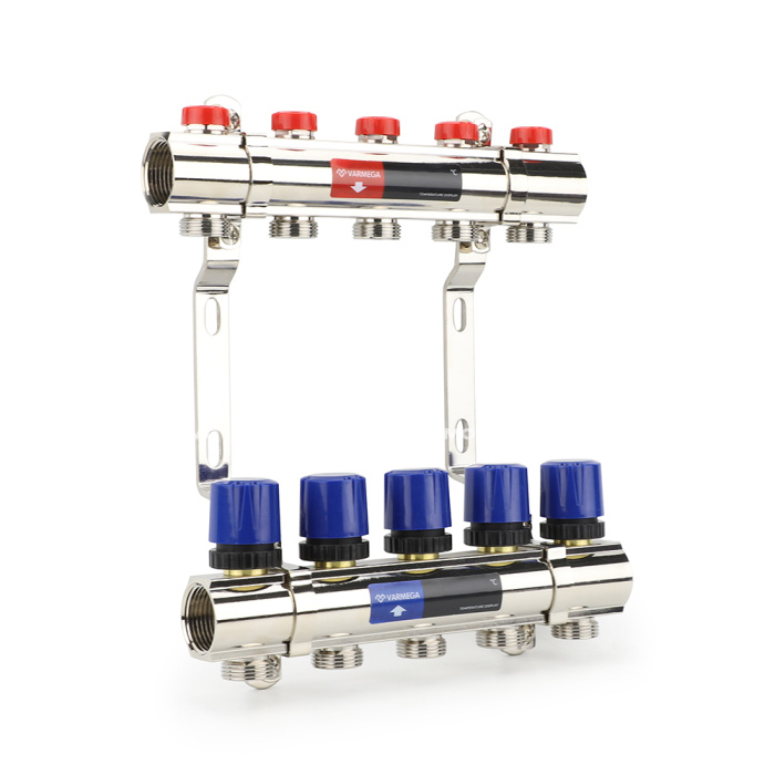 Коллекторная группа для отопления Varmega VM15805 ВР 1", на 5 контуров 3/4" EK, латунь 