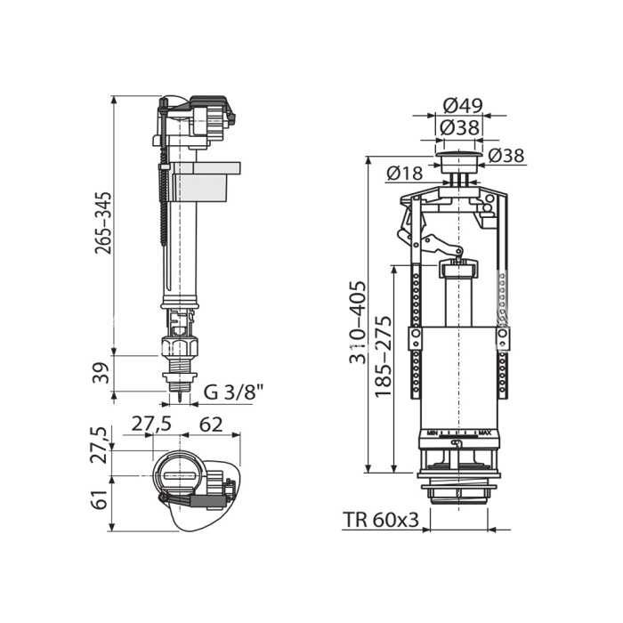 Выпускной комплект Alcaplast SA2000SK 3/8" CHROM со стоп-кнопкой (A18-3/8" + A2000), для керамических бачков 