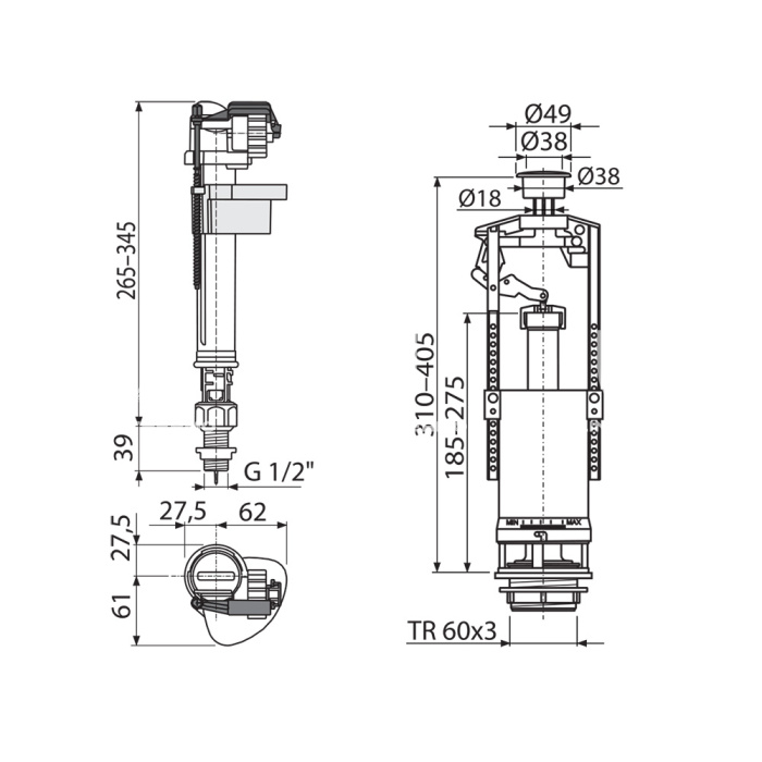 Выпускной комплект Alcaplast SA2000S 1/2" CHROM со стоп-кнопкой (A17-1/2" + A2000), для керамических бачков 