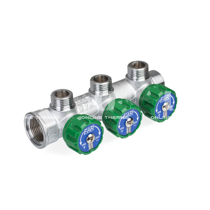 Регулирующий проходной коллектор FAR FK 3822 3412, 3/4" ВР-НР, на 3 контура  1/2" НР, модульный, конусное соединение 