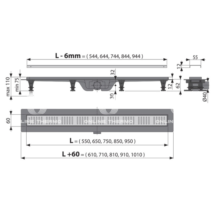 *Душевой лоток (водоотводящий желоб) AlcaPlast APZ10-650M Simple, горизонтальный сток - 650 мм 