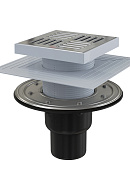 Сливной трап Alcaplast APV4444, 150×150/50/75 мм, прямой сток, решетка и фланец нержавеющая сталь, сухой и мокрый гидрозатвор, двухровневый воротник 