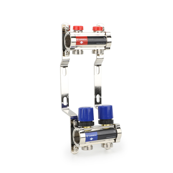 Коллекторная группа для отопления Varmega VM15802 ВР 1", на 2 контура 3/4" EK, латунь 