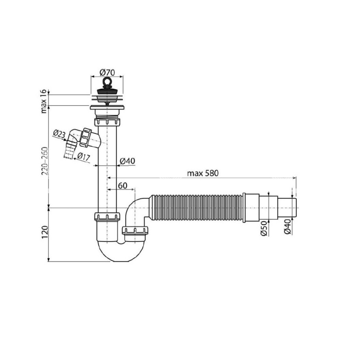 Сифон для мойки Alcaplast A830-DN50/40, L-образный, пластиковый, с нержавеющей peшeткой Ø70, подводкой и гофрой 