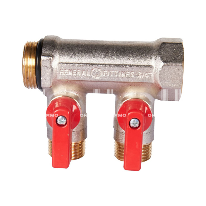 Коллектор Stout с шаровыми кранами SMB 6210 3/4", 2 отвода 1/2" (красные ручки) 