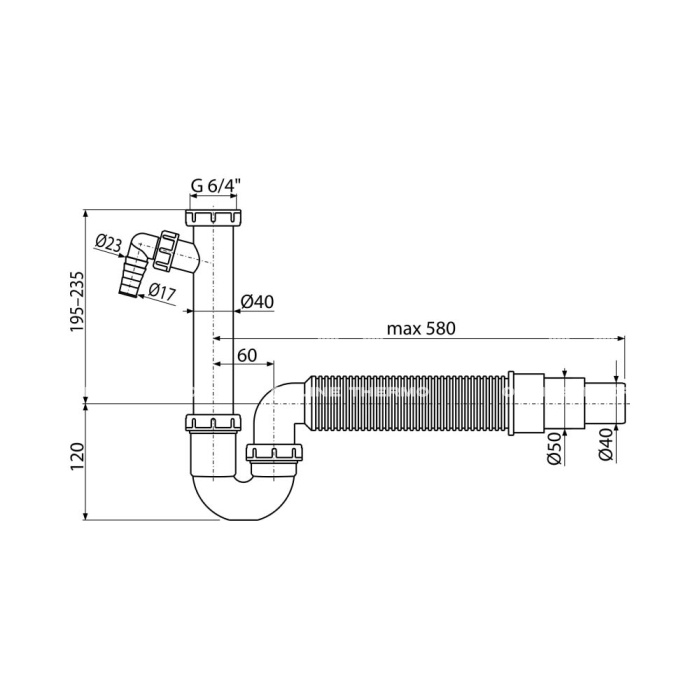 *Сифон для мойки Alcaplast A83-DN50/40, L-образный, пластиковый, с накидной гайкой 6/4", подводкой и гофрой 