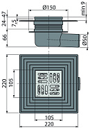 Сливной трап Alcaplast APV26C, 105×105/50 мм, боковой сток, решетка нержавеющая сталь, сухой гидрозатвор, двухровневый воротник 